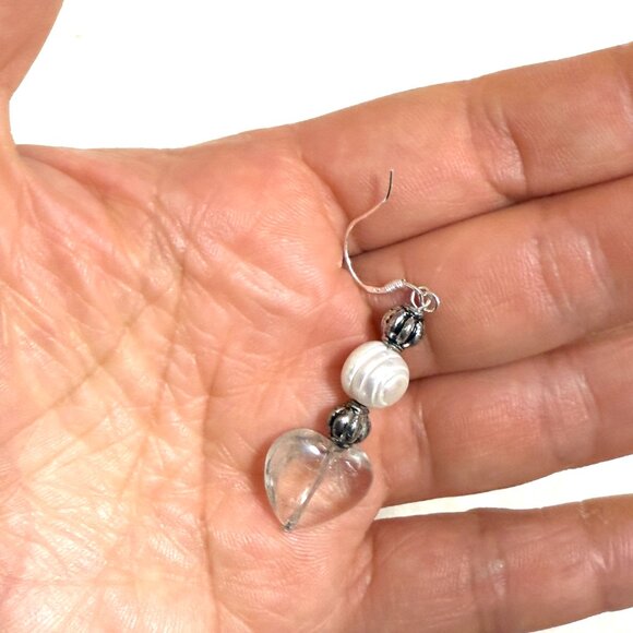 2/$20, Genuine Clear Quartz & Pearl Stone Heart Sterling Silver Earrings - Picture 8 of 9